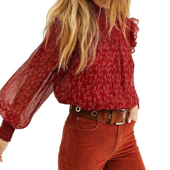 Free People Tops - Free People Blouse Roma Red Floral Print Small